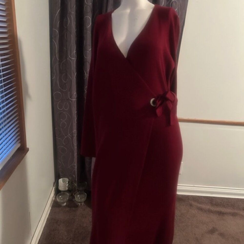 Cocobleu Burgundy embellished knit faux wrap front sweater dress, size 1X